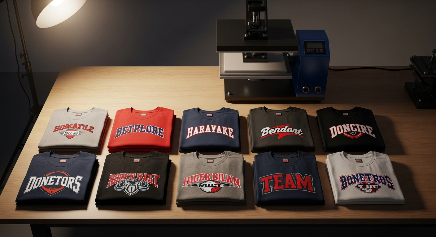 A lineup of custom DTF-printed team shirts in various colors displayed on a table next to a heat press, showcasing no-minimum custom team apparel for New Jersey teams.