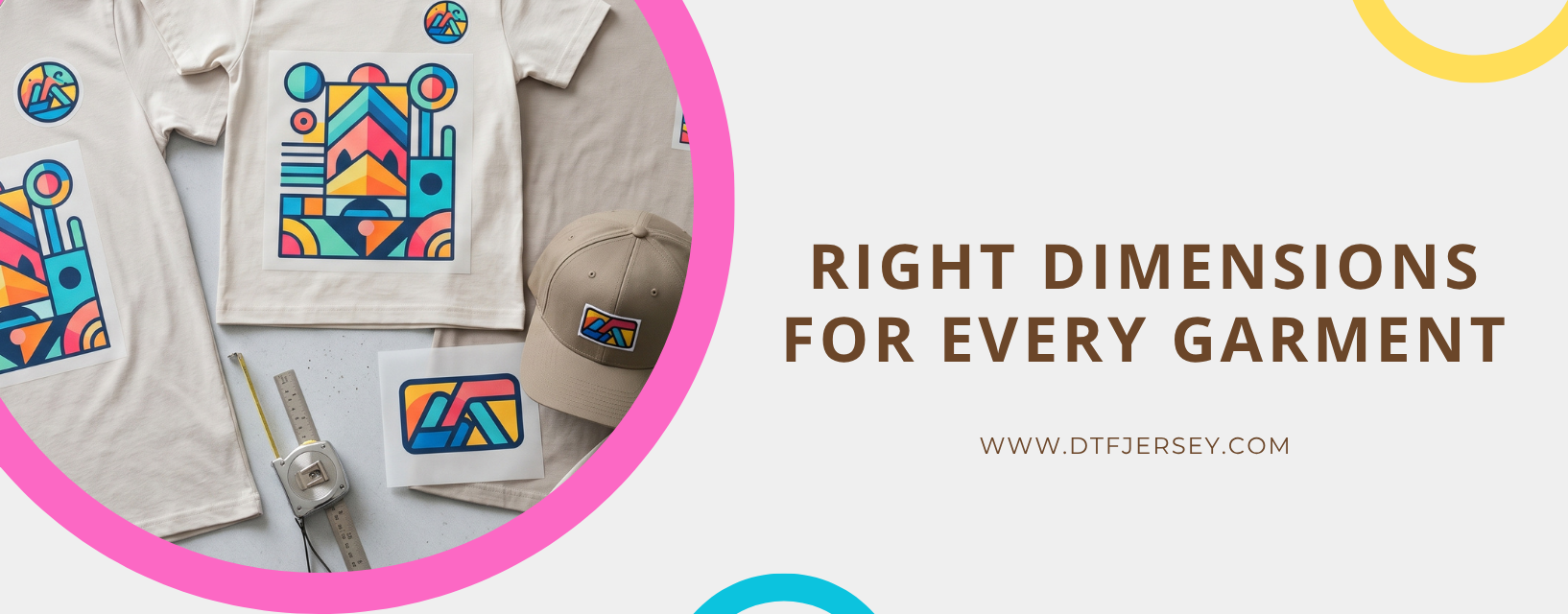 DTF transfers in multiple sizes applied to a t-shirt, youth shirt, and hat, with loose transfers and a ruler showing correct dimensions for each garment.