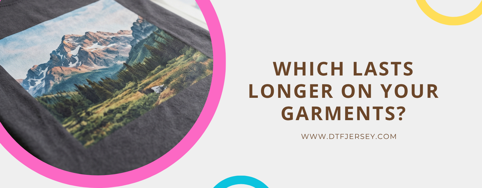 A full-color DTF transfer with a mountain landscape print on a dark garment, showing print clarity and durability compared to vinyl transfers.