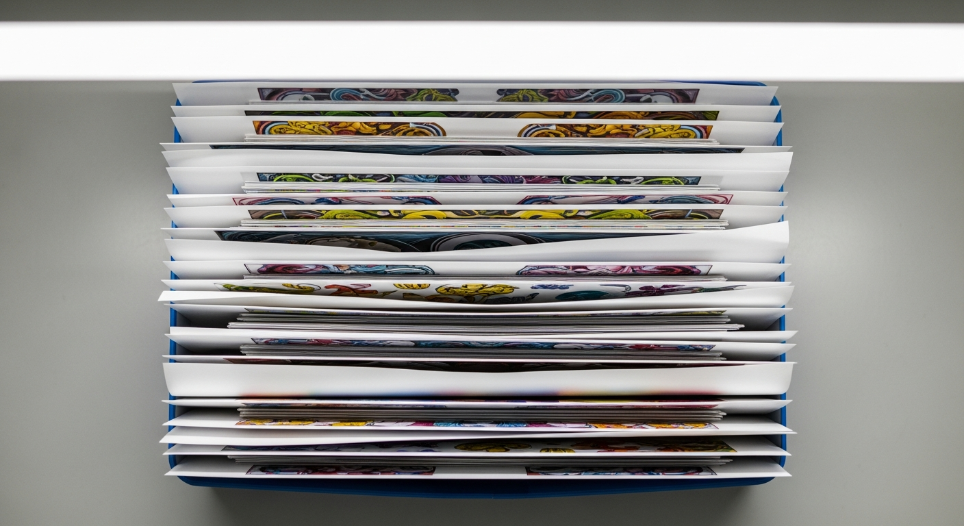 Neatly organized DTF transfer sheets stored flat in sealed packaging on shelving, illustrating proper transfer storage to maintain shelf life and press-ready adhesion.