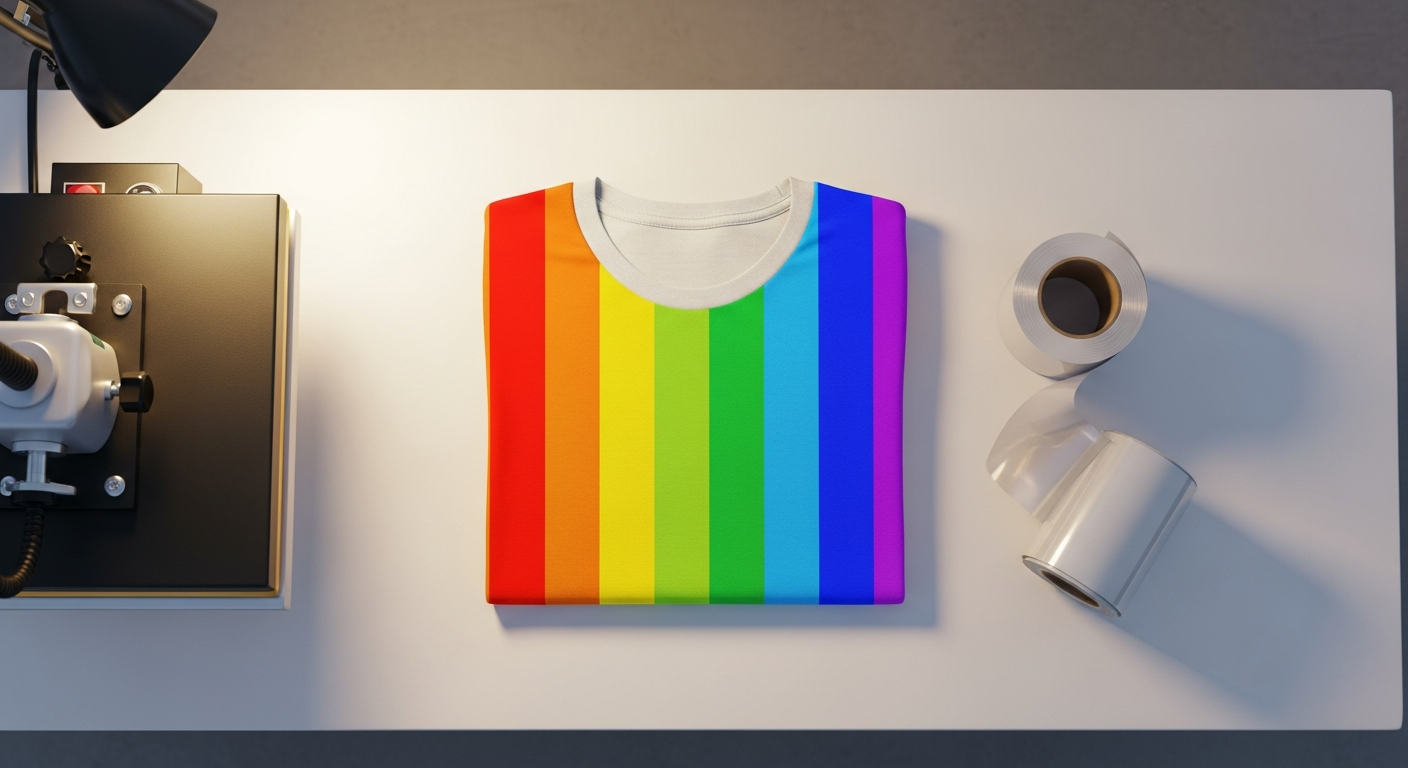 folded white shirt with a full rainbow Pride DTF transfer print, displayed next to a heat press and transfer film rolls for Pride Month custom shirt production.