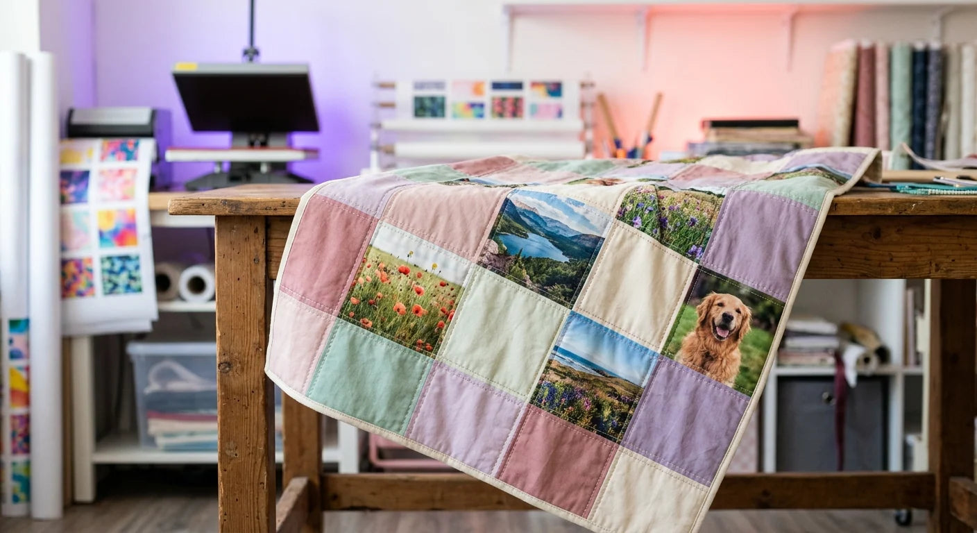 Printed fabric memory quilt on a wooden table in a craft workshop.