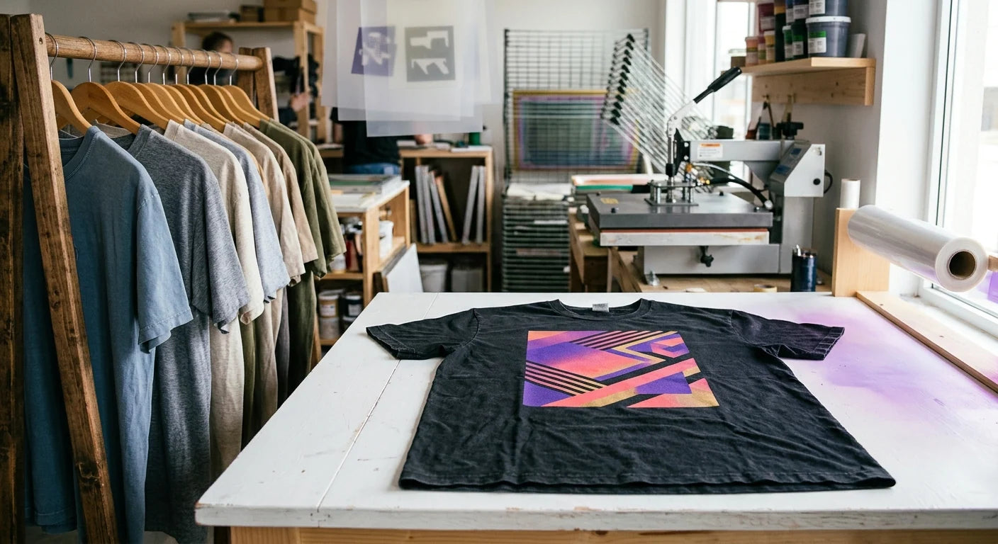 A washed-black secondhand t-shirt with a vibrant purple and coral gradient print laid flat on a white work table in a modern print shop, next to a rack of vintage clothing.