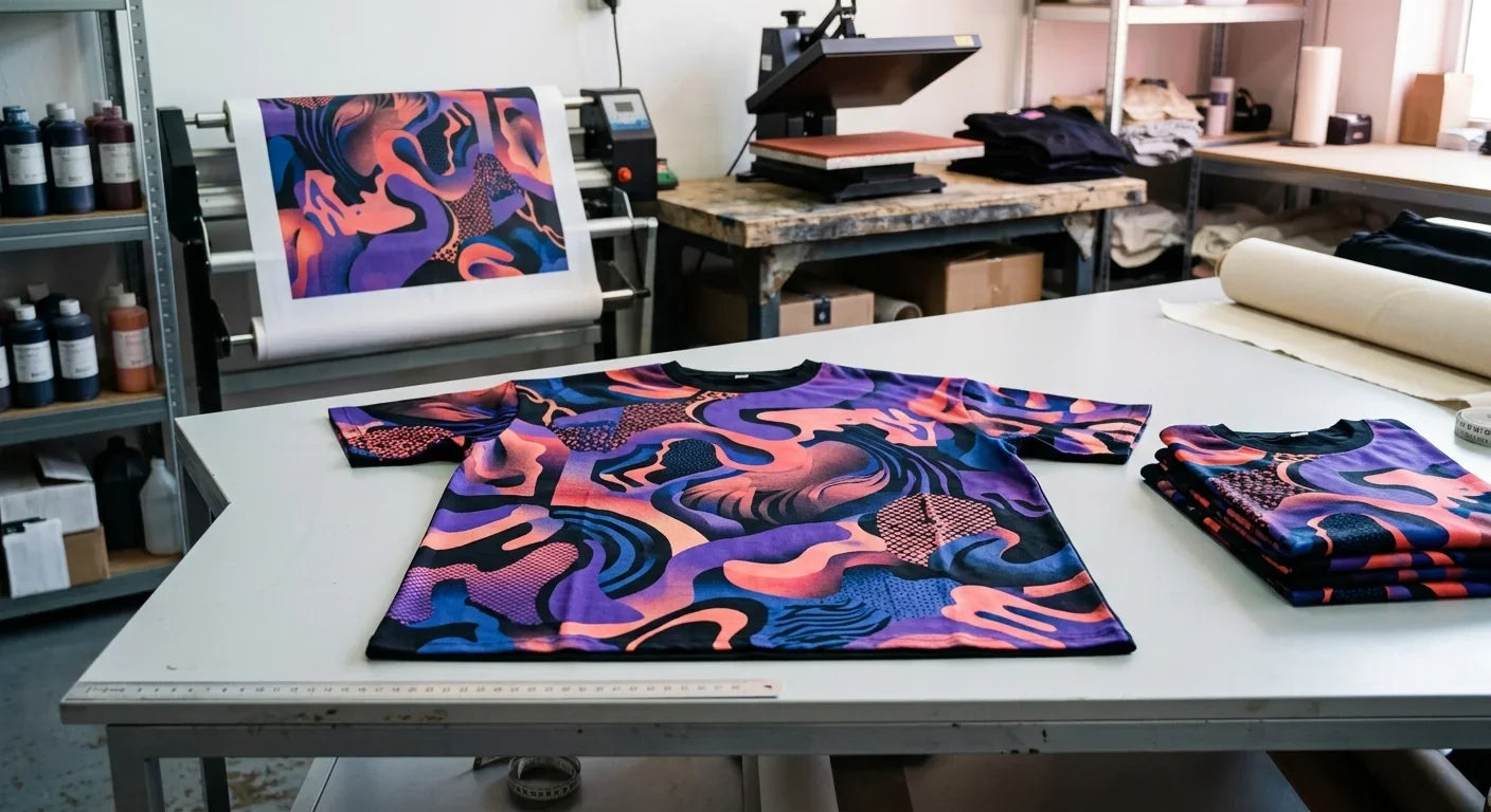 A flat lay of an oversized graphic t-shirt on a studio production table in a streetwear print shop.