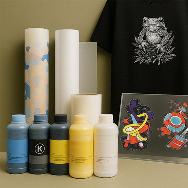 Colorful DTF Supplies and blank t-shirt