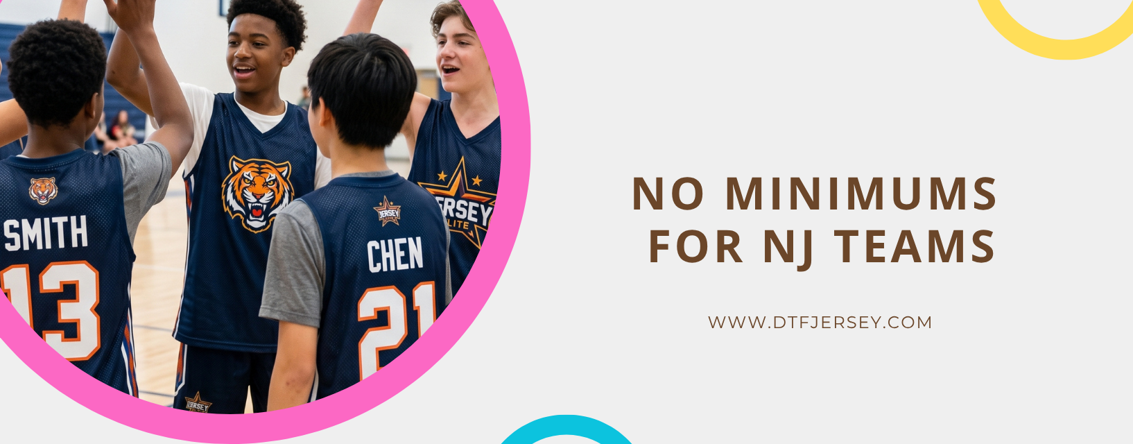 Youth basketball team celebrating in custom DTF-printed navy uniforms with tiger logos, promoting no-minimum custom jersey orders for NJ teams at DTFJersey.com.
