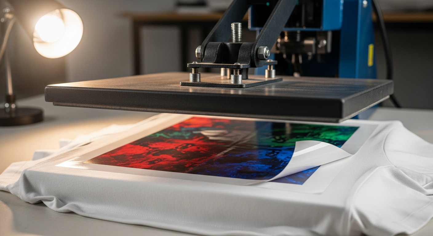 A heat press applying a vibrant full-color DTF transfer onto a white shirt, illustrating the color accuracy achieved during the pressing process.