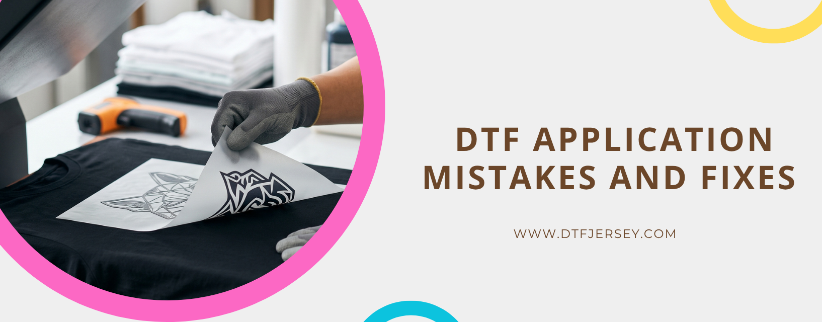 A gloved hand peeling a DTF transfer film off a black shirt, illustrating common application mistakes and fixes covered at DTFJersey.com.