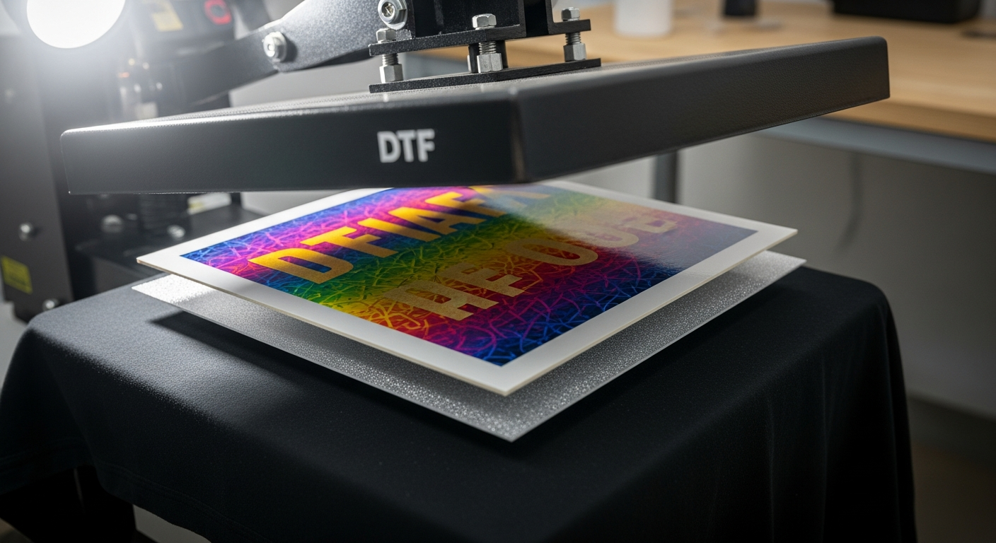 A DTF heat press applying a vibrant layered rainbow transfer with bold text onto a black shirt, demonstrating effective DTF layering techniques.