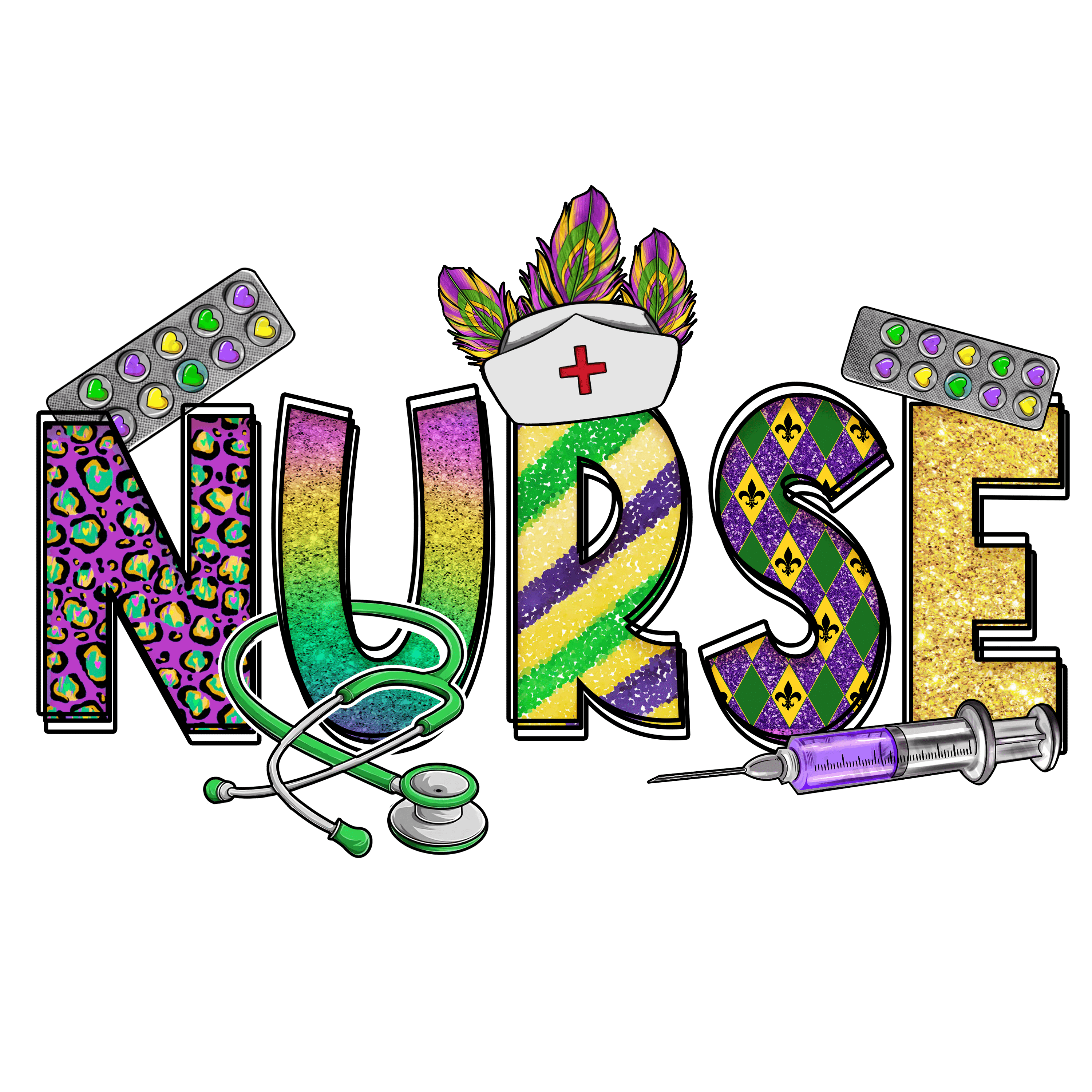 Mardi Gras Nurse Design - DTF Ready To Press