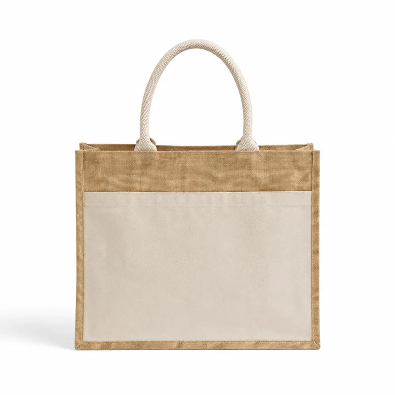 Jute Tote Bag with Canvas Front Pocket - TJ314 | Premium Custom Print Tote