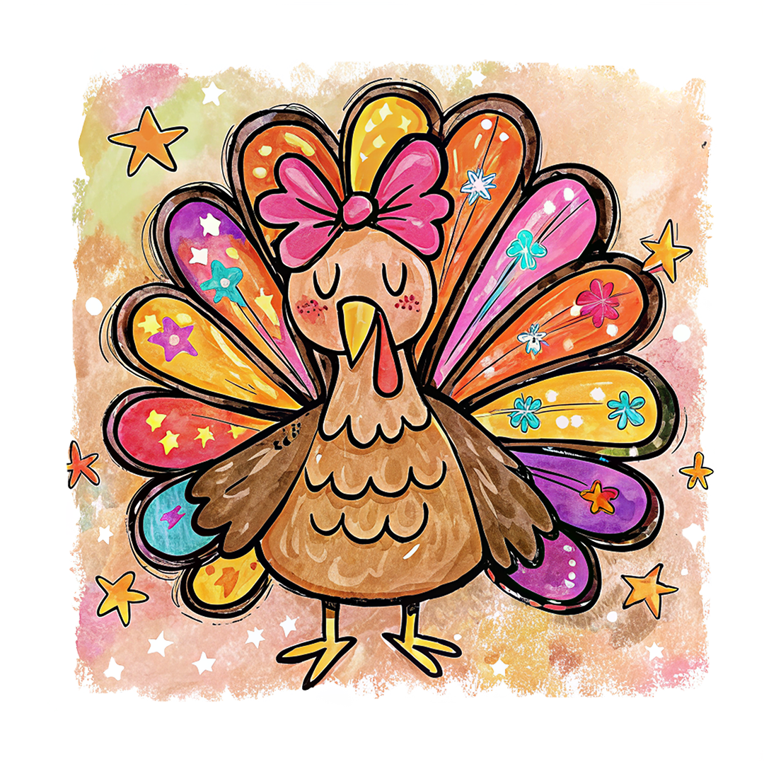 Cute colorful Thanksgiving turkey DTF ready to press transfer