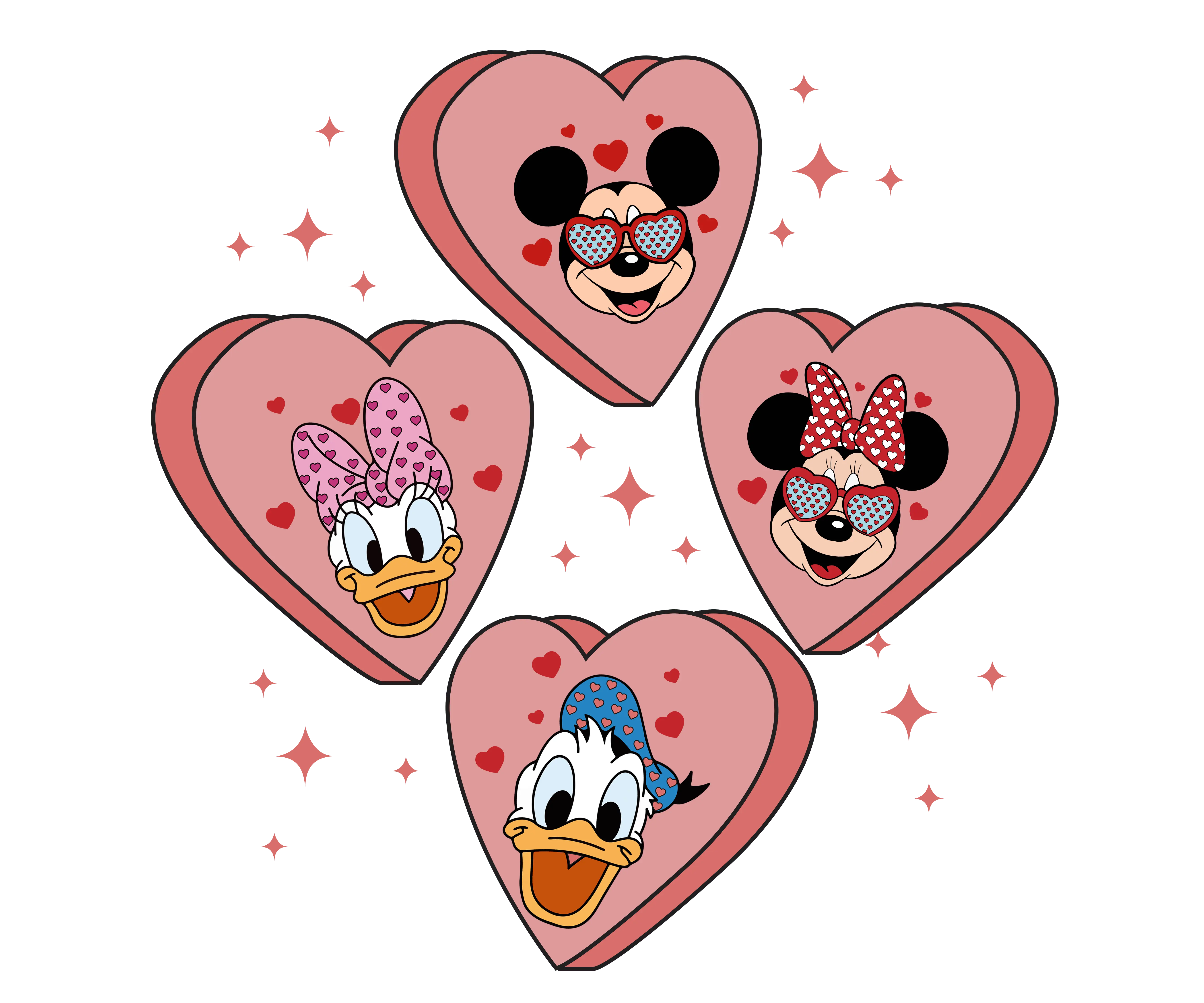 Mickey and Minnie Mouse and Donald and Daisy Duck Valentine's Design - DTF Ready To Press - DTF Dallas 