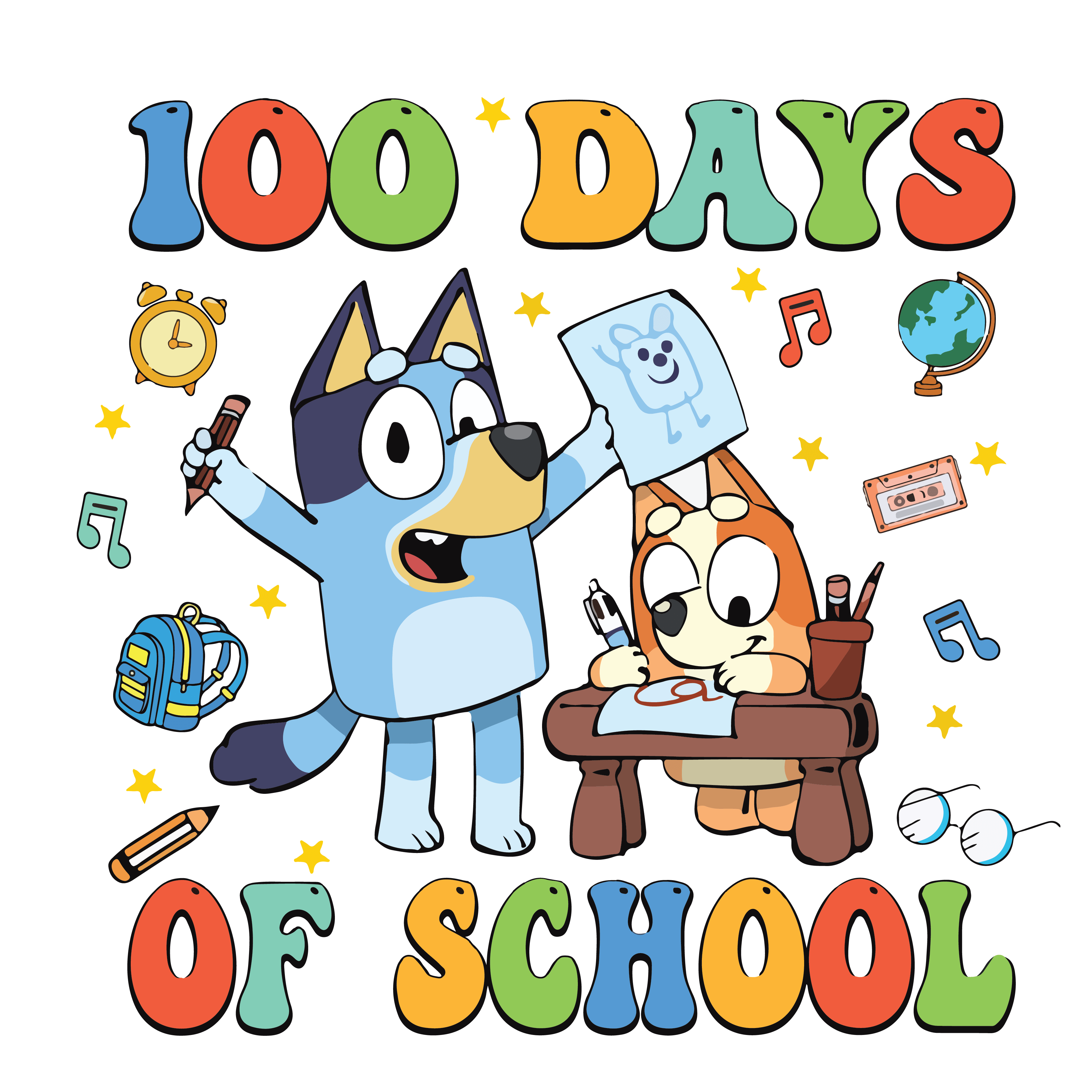 Bluey and Bingo 100 Days of School Party | DTF Ready To Press Designs