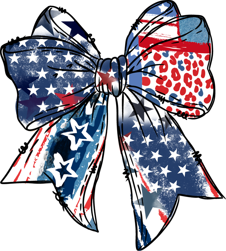 Patriotic Leopard Bow ready-to-press 4th of July DTF transfer with leopard print and red white and blue bow for women's boutique tees