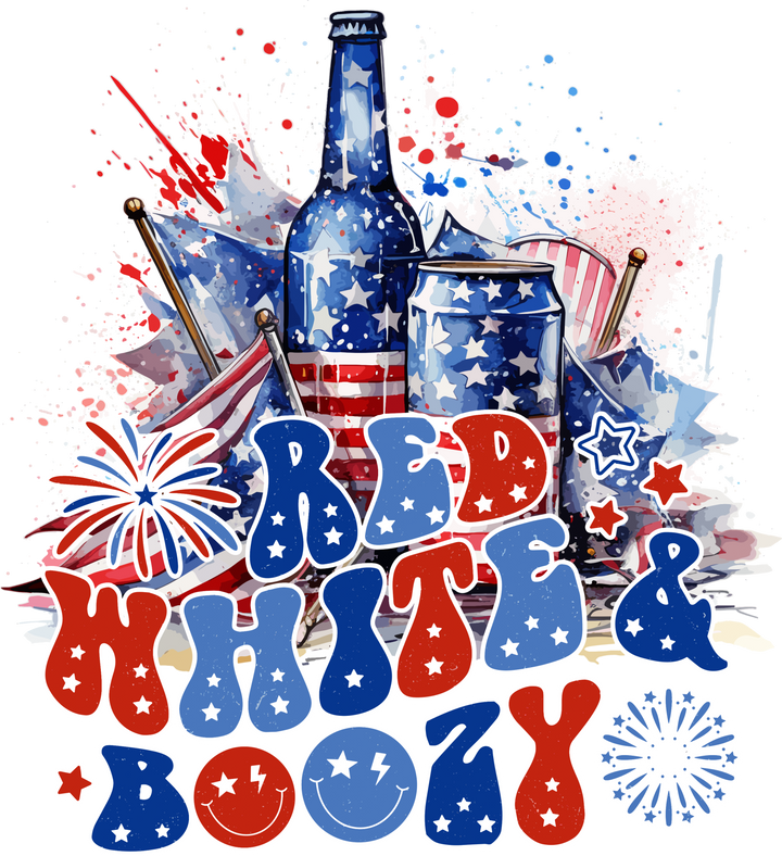 Red White and Boozy funny adult 4th of July ready-to-press DTF transfer design for Independence Day parties