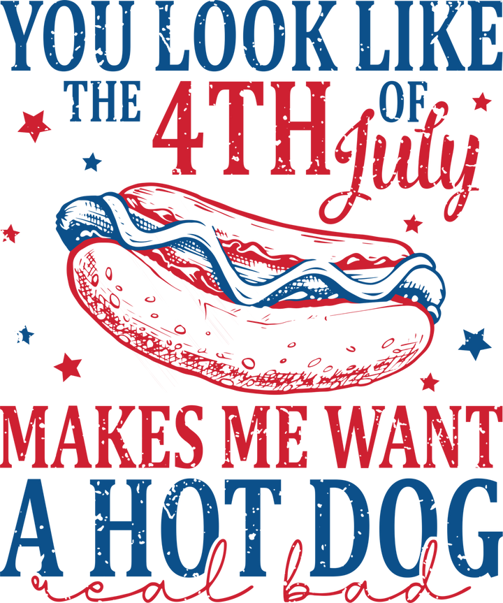 Hot Dog July Tee funny 4th of July ready-to-press DTF transfer design for summer cookouts and BBQ parties