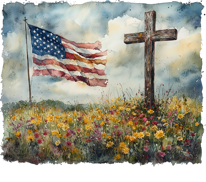 Cross of Glory faith and freedom ready-to-press 4th of July DTF transfer with patriotic Christian design for church groups
