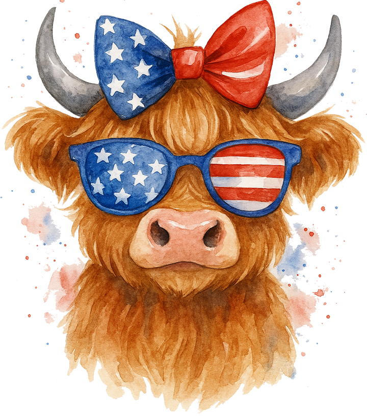 Americana Highland Cow ready-to-press 4th of July DTF transfer with bandana and sunglasses for boutique patriotic shirts