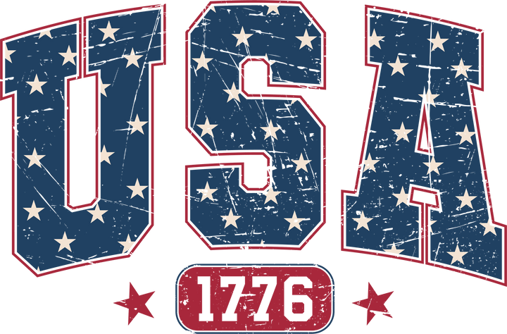 USA 1776 Varsity ready-to-press 4th of July DTF transfer with classic collegiate distressed patriotic lettering