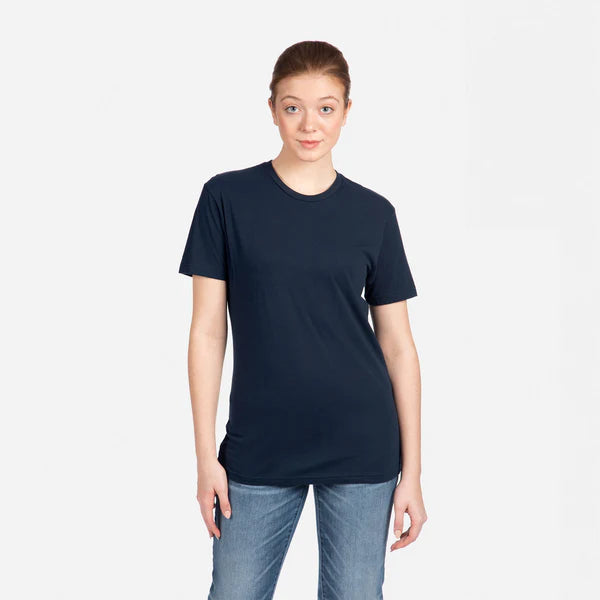 Next Level 3600 premium fitted combed ring-spun cotton blank t-shirt in Midnight Navy, showing the retail-quality silhouette