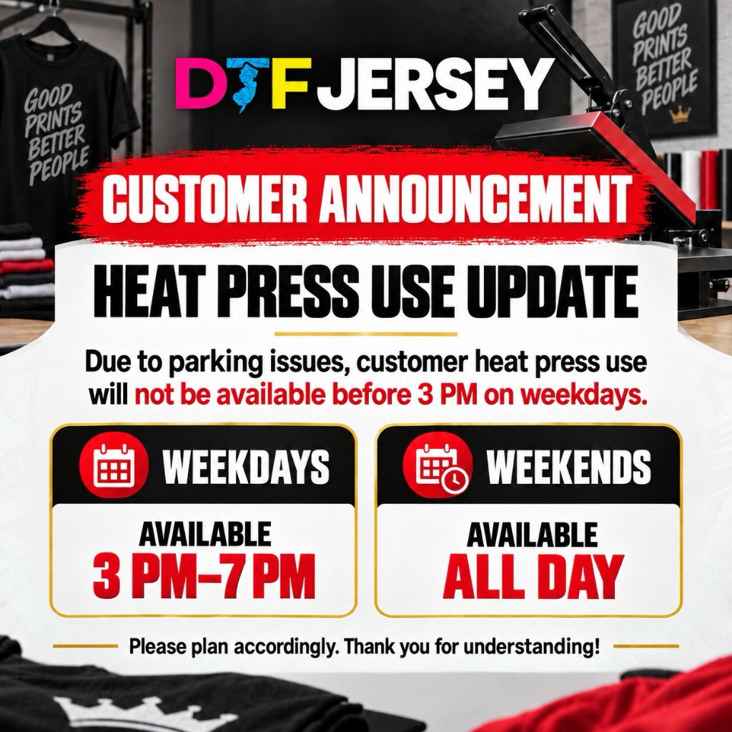 Heat press use update — weekdays 3 PM to 7 PM, weekends all day